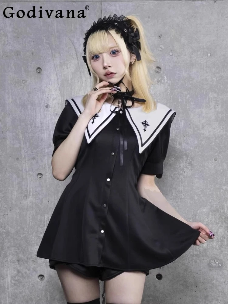 

Комплект готического платья Harajuku Subculture, японское массовое производство, милое крутое тонкое платье с высокой талией и короткими рукавами, юбка, комплект из 2 предметов