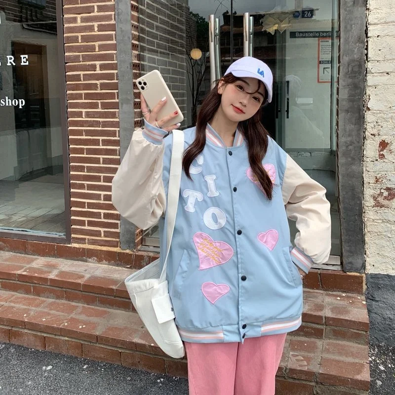 2025 Autumn New Love Letter Embroidered Baseball Jacket Women's Loose Couple Student Small Size Outerwear Casual Style