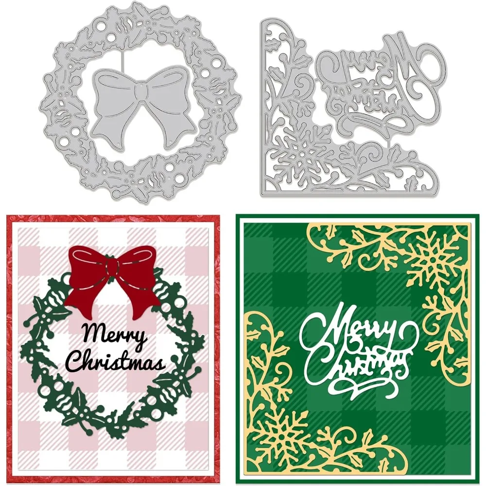 2pcs Christmas Wreath Embossing Template Christmas Corner Carbon Steel Die Cuts Bow Christmas Text Die Cut for Scrapbooking Card