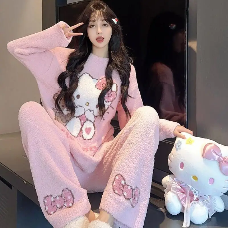 Hello Kitty Pajamas Popular Warm Women's Winter Plus Velvet Can Be Worn Outside Round Neck Half Velvet Home Clothes Set Sweet