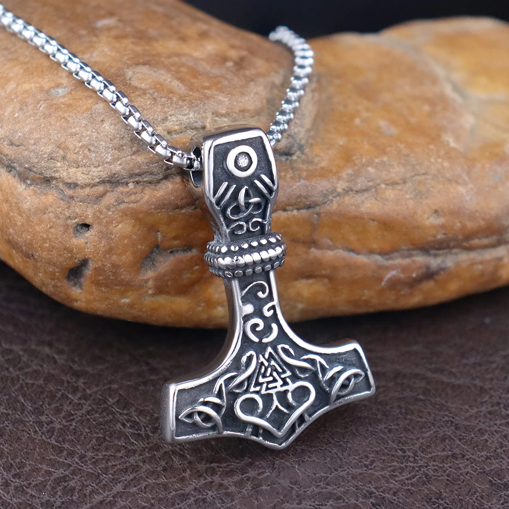 Stainless Steel Retro Viking Thor Hammer Pendant for Men Nordic The Horn of Odin Warhammer Necklace Fashion Jewelry Dropshipping