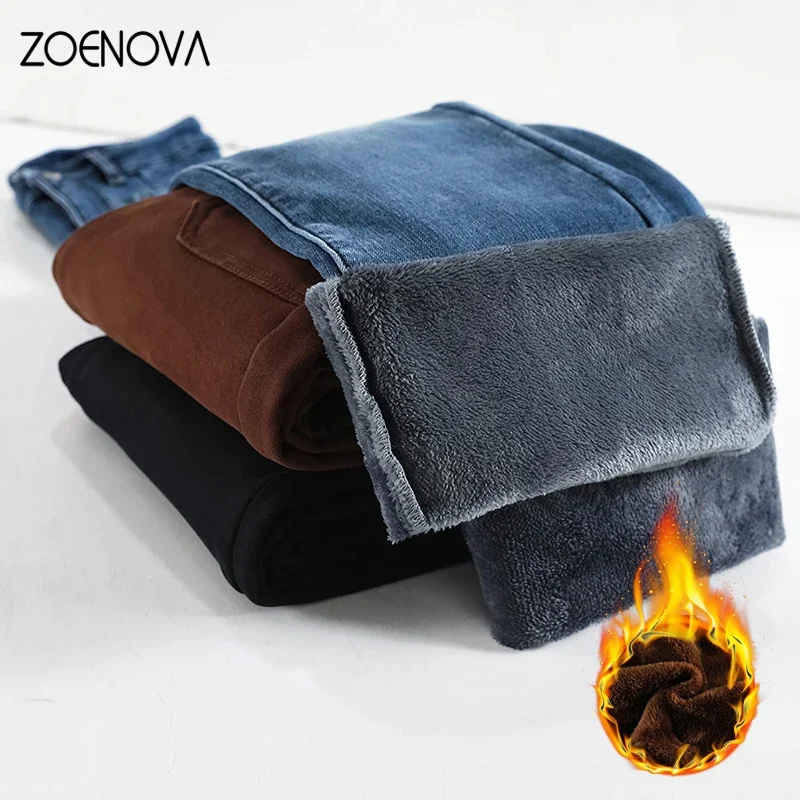 ZOENOVA 2022 Fashion Classic Fleece Trendy Luxury Design Midriff Winter High Waist Self Cultivation Keep Warm Horn Denim Pants