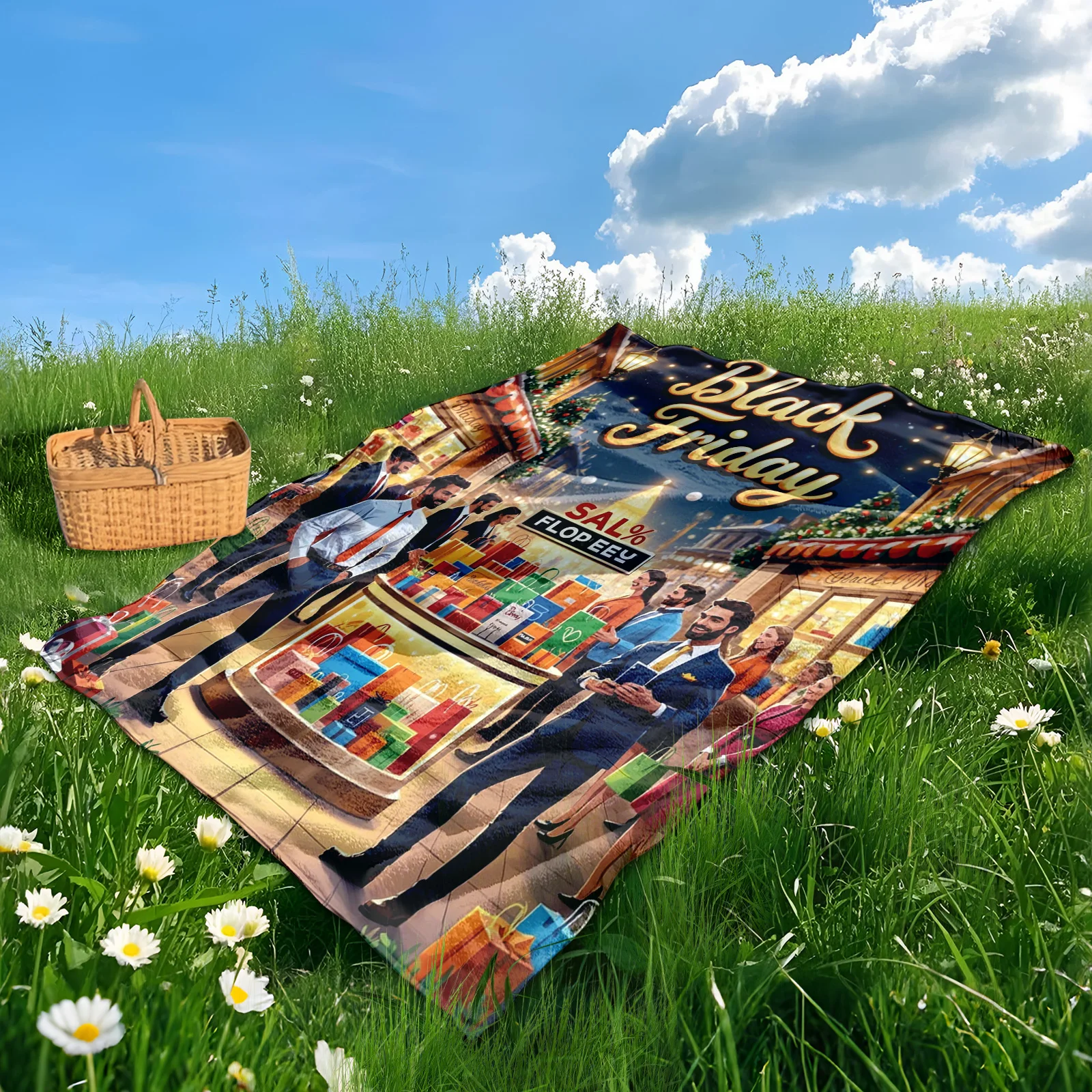 Manta al aire libre con diseño de escena de tienda de personajes de dibujos animados para acampar, Picnic y aventuras naturales con