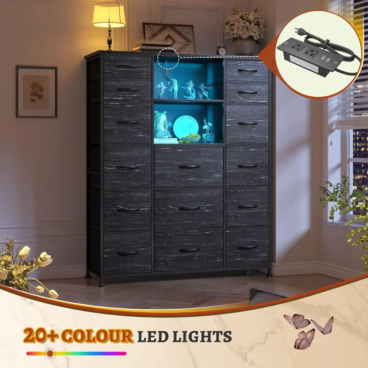 51' Black Dresser with 15 Drawers, Charging Station, LED Lights, Hutch, Steel Frame, Wood Top