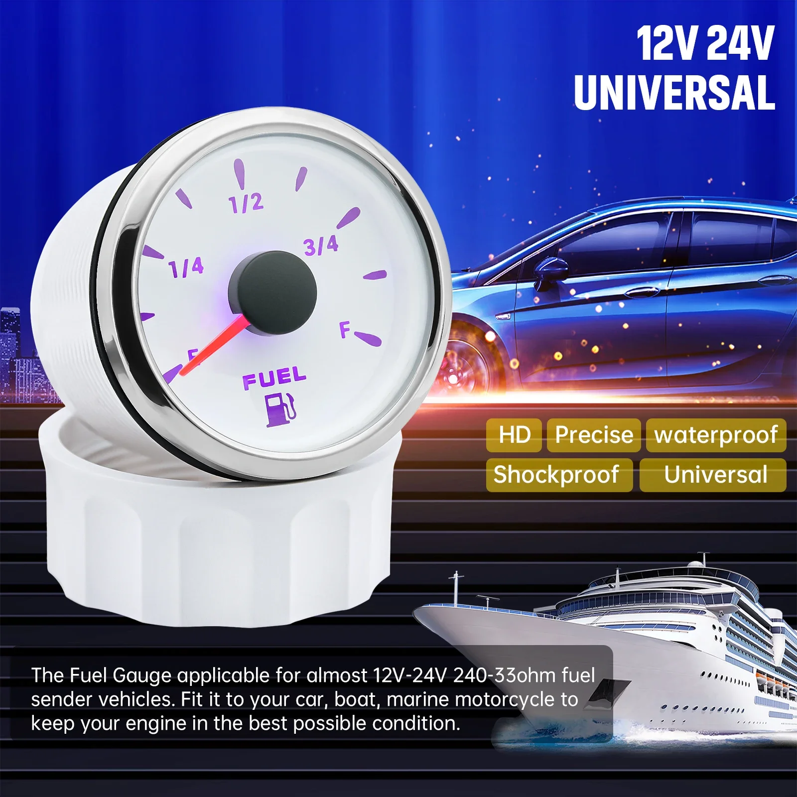 52mm Fuel Level Gauge 240-33ohm Fuel Meter Indicator 7 Color Backlight with 100MM-500MM Sensor for Boat Car 12V 24V
