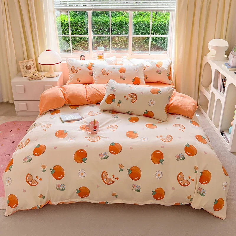 Orange Duvet Cover Set 4pcs Bedding for Boys Girls Teens, Cartoon Orange Tangerine Fruit Pattern Comforter Covers Bedroom Decor