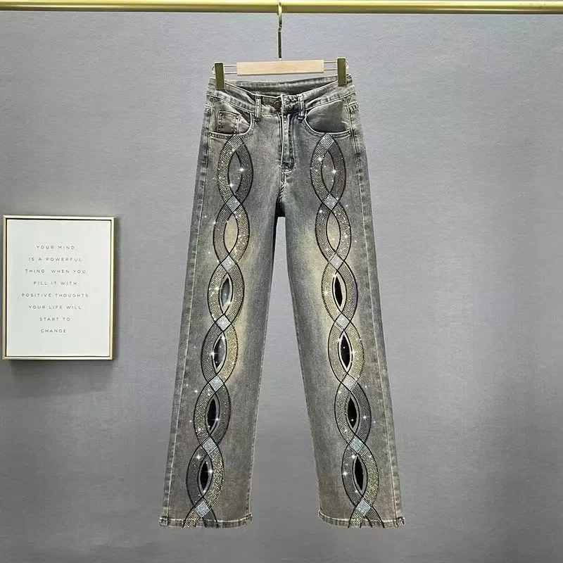 Heavy Industry Hot Drilling Denim Straight Pants Female 2024 Spring Summer New Trousers High Waist Jeans Loose Mop Pants Women