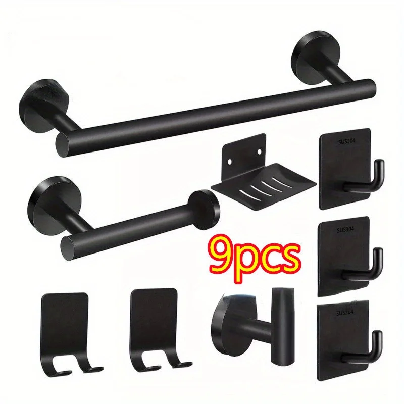 Stainless Steel Towel Rod Set, Toilet Paper Holder, Clothes and Hats Hook, Black Non Perforated Hook, Bathroom Soap Dish