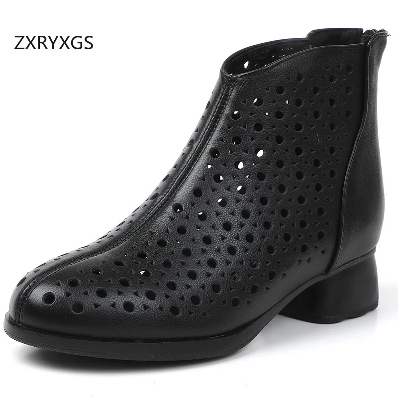 ZXRYXGS 2026 Top Cowhide Hole Hole Boots Summer Real Leather Fashionable Sandals Women Breathable Cool Boots Mid Heel Big Size
