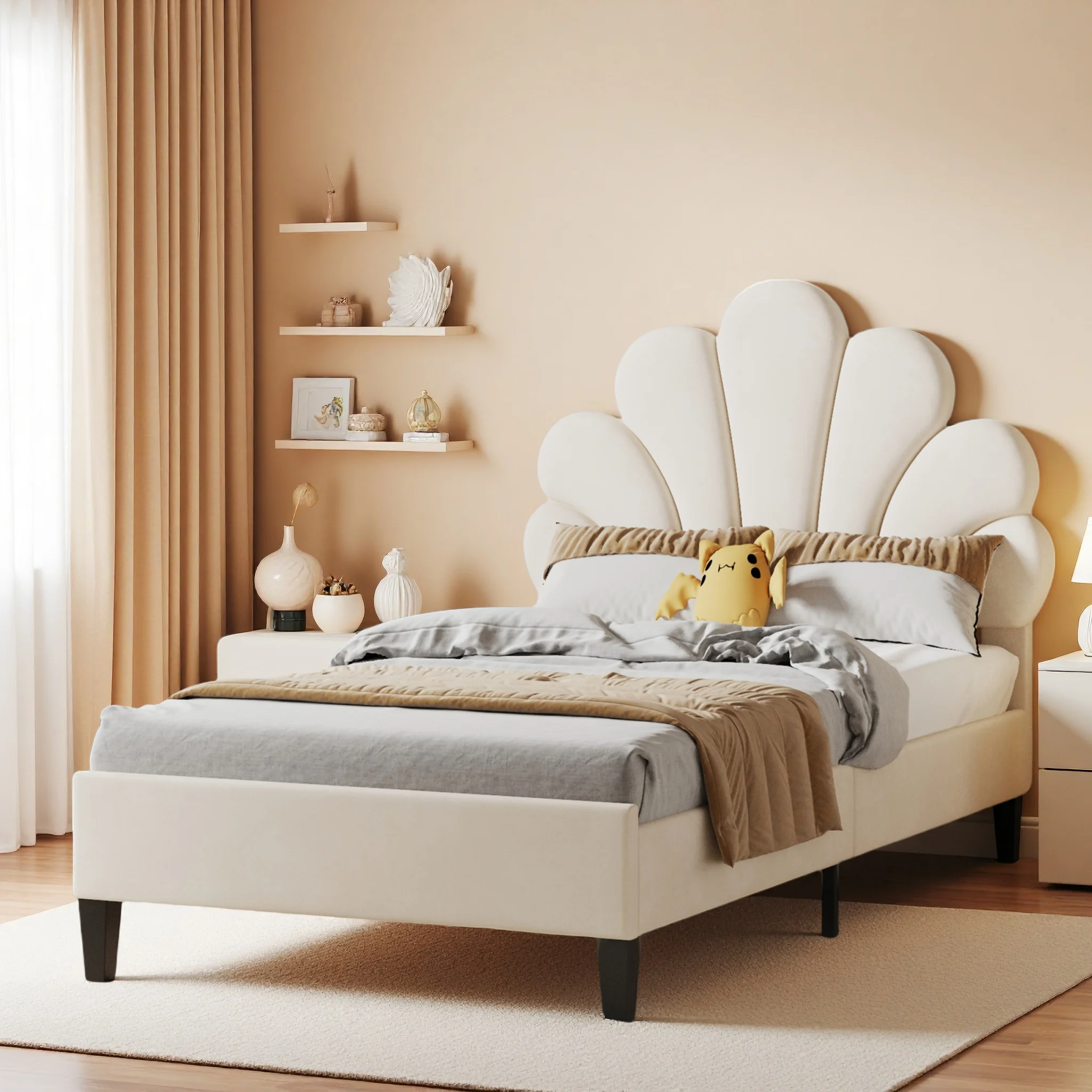 Rosahqnda eenpersoonsbed, kinderbedframe, gestoffeerd bed met bloemenhoofdeinde, beige/rood fluweel voor meisjeskamer, 90x200 cm - afbeelding 2
