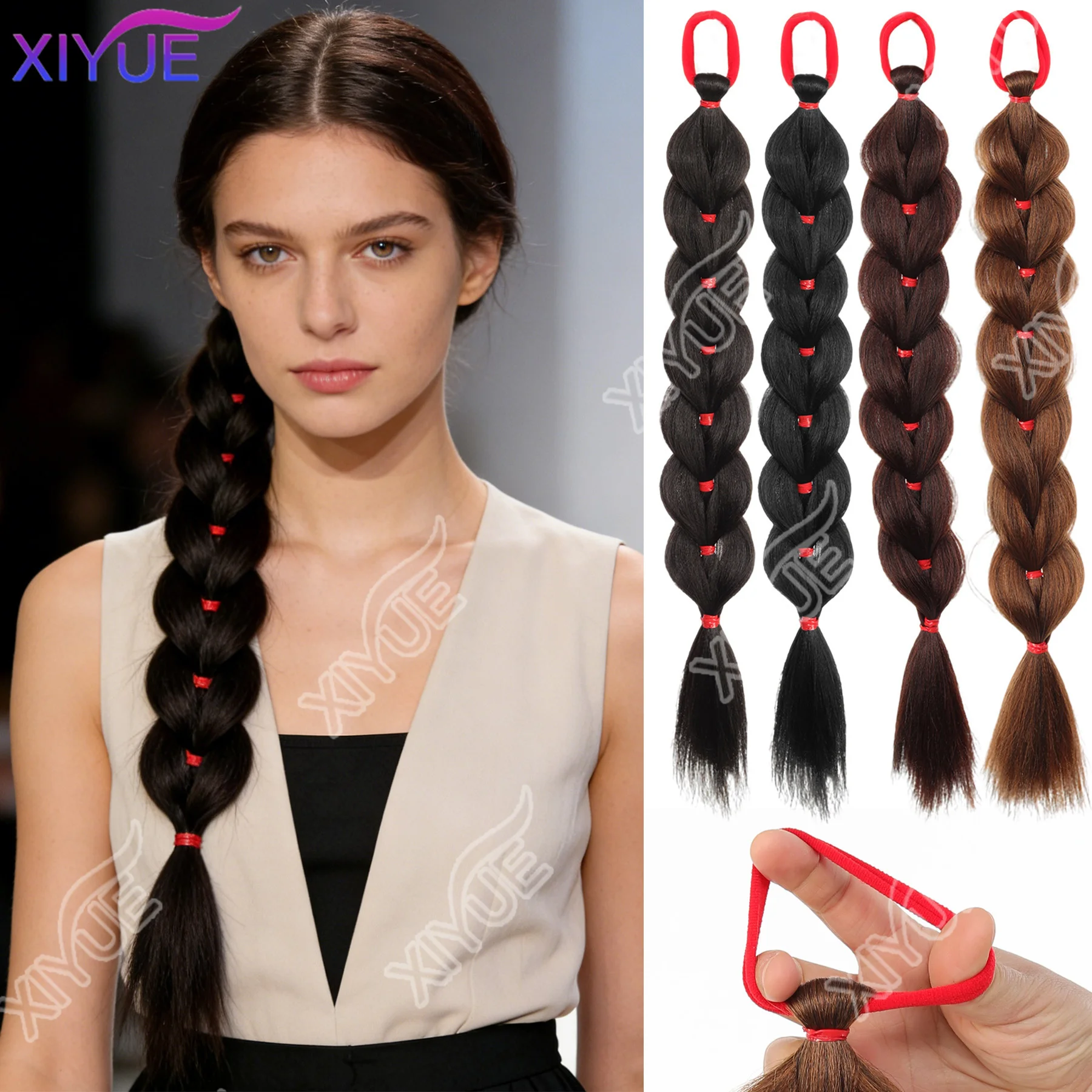 

Синтетические накладные волосы XIYUE для женщин, длинные косички-хвосты с резинками, термостойкие накладные пряди, плетеные хвосты-косички