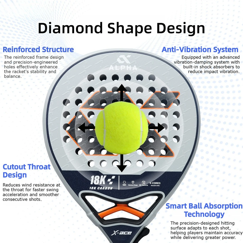 X-ACE 18K Carbon Fiber Padel Racket | Diamond Face, Precision Holes, Breathable Non-Slip Grip, Ideal for Training & Matches