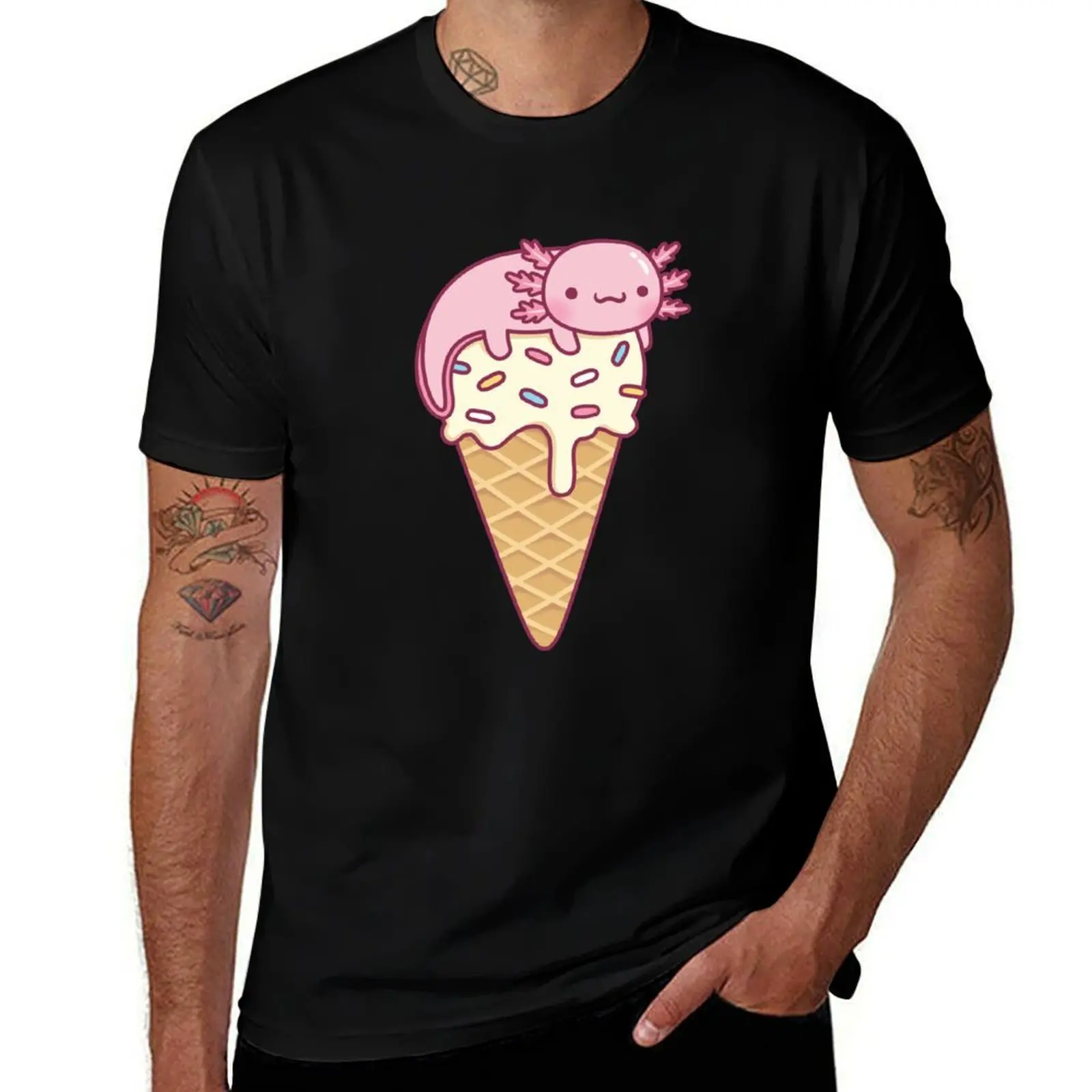 

Cute Axolotl On Vanilla Ice Cream Cone T-Shirt summer clothes funny shirt cotton compression shirt men