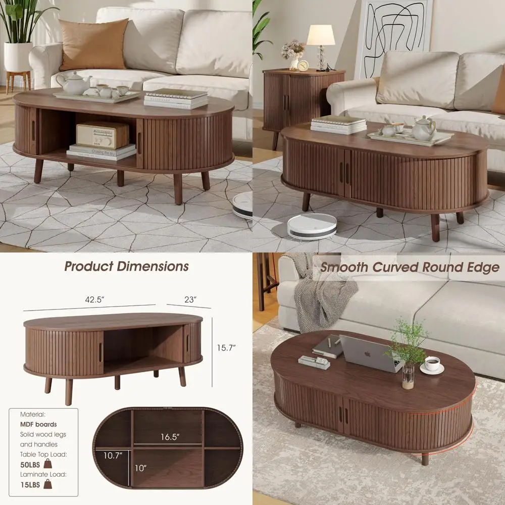 Stolik kawowy w stylu mid-century modern z przesuwanymi drzwiami i ukrytym schowkiem z rowkami do salonu, dekoracja domu, meble funkcjonalne, USA