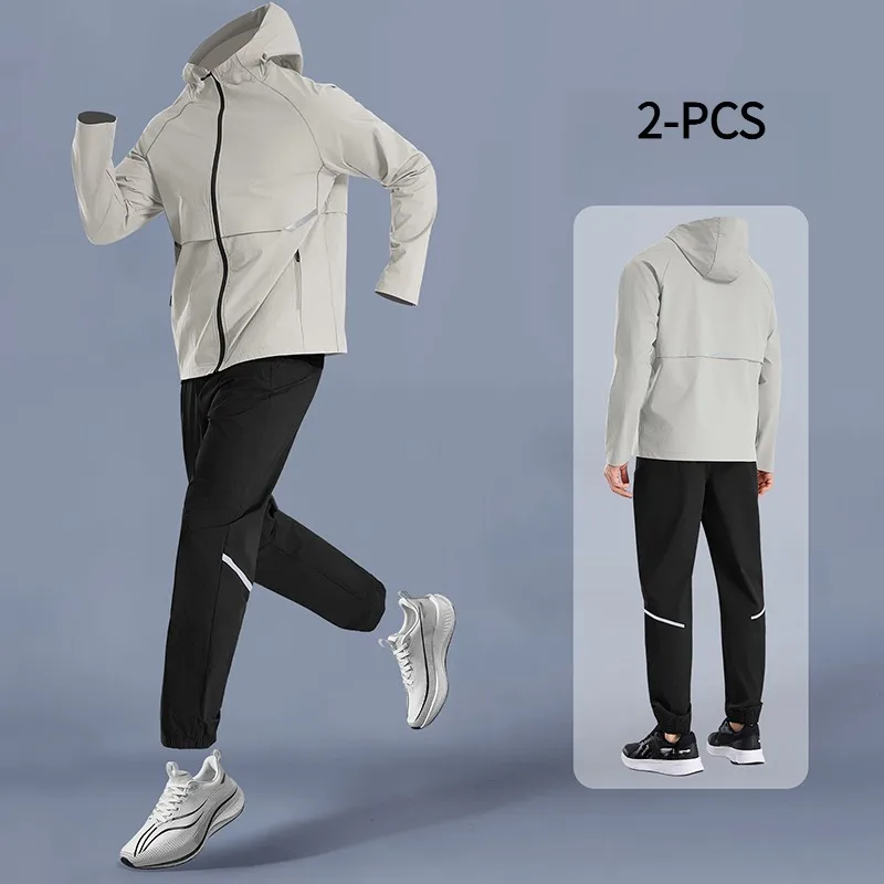 

Men's 2-Pcs Running Workout Set Quick Dry Hoodie And Long Pants Breathable Sweat Absorbent Fitness Sports Jacket for Active Wear
