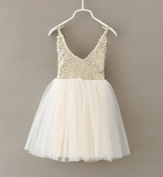 New Hot Children Baby Dress Gold paillettes Lace Sling White Tutu Dresses For Party Wedding Clothing Size 2-6Y vestido infantil