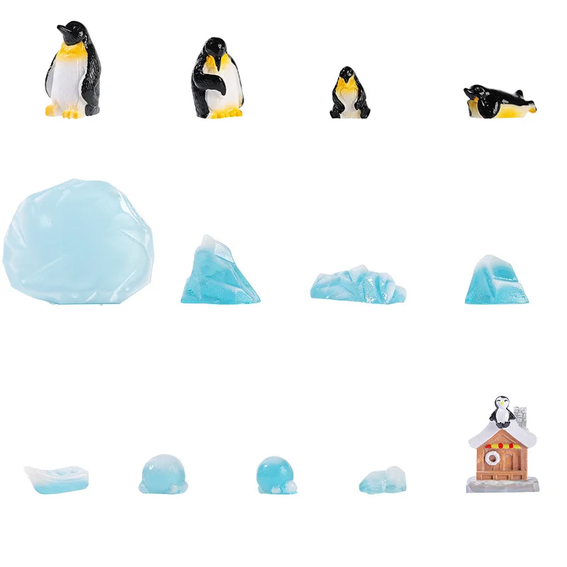 13pcs Mini Antarctic Penguin Iceberg House Aquarium Ornament Set Resin Fish Tank Decor Figurines for Micro Landscape DIY Decor