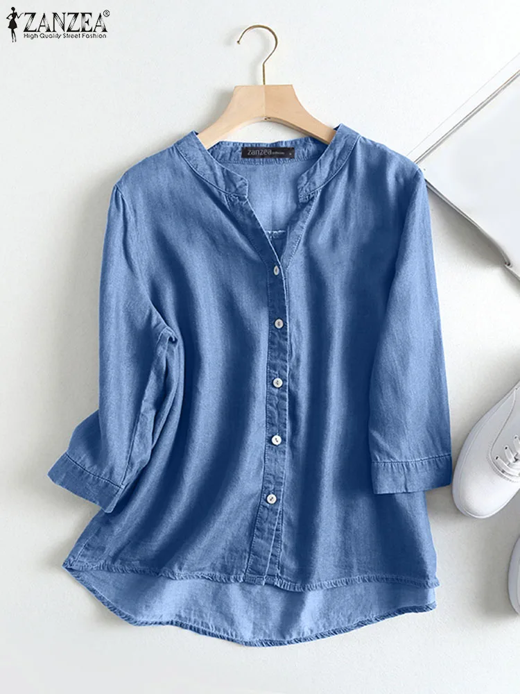 Fashion Summer Denim Blue Shirt Women Elegant V Neck 3/4 Sleeve Blouse 2024 ZANZEA Casual Buttons Down Tops Work Blusas Chemise