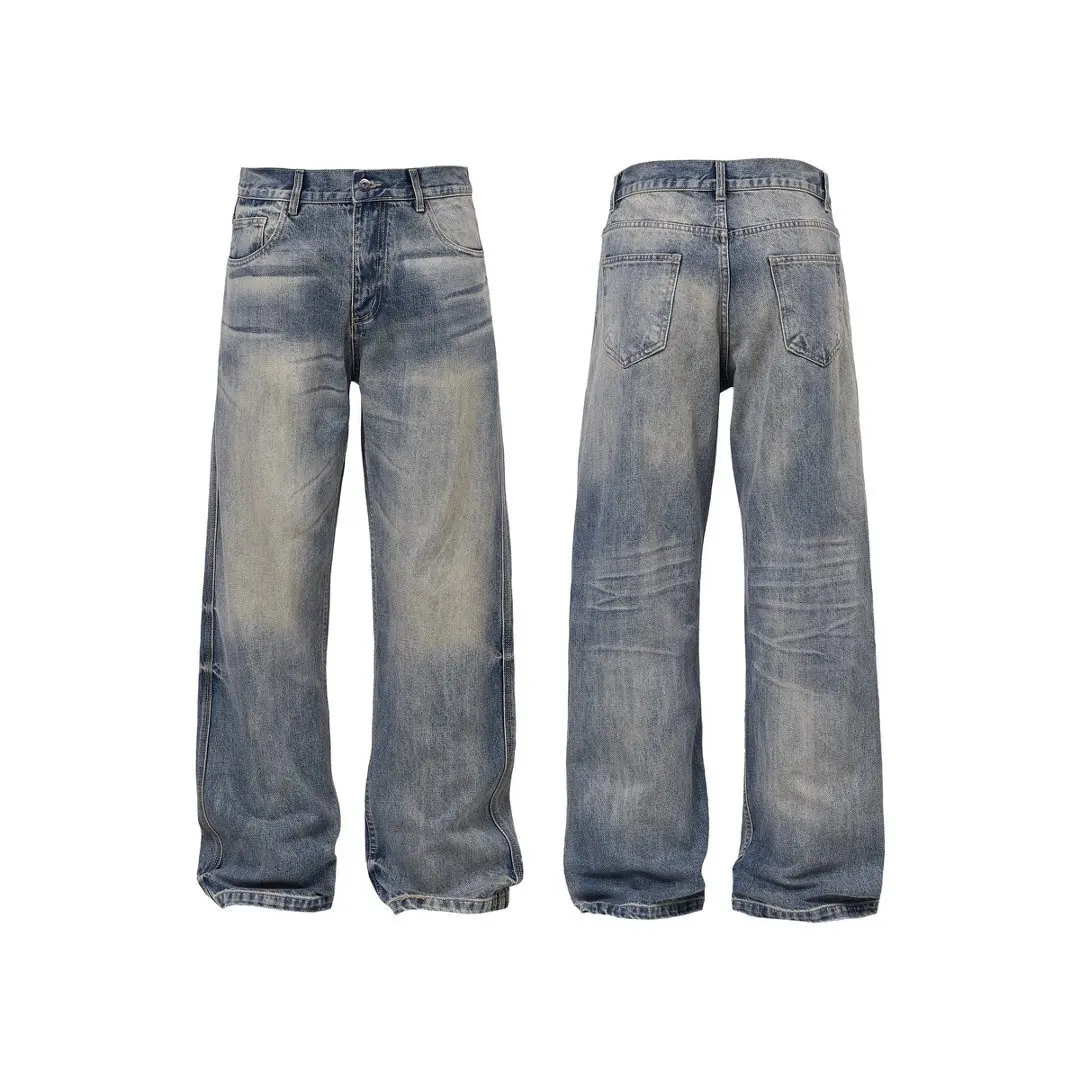 

Heavyweight Blue Vintage Washed A-Line Loose Straight Leg Jeans Cotton Casual Trousers for Young Men CleanFit Style