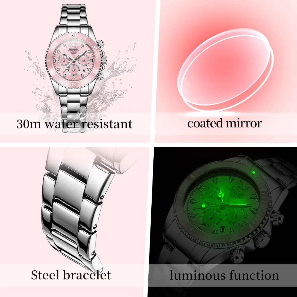 OLEVS Women's Watches Classic Trend Pink Dial Stainless Steel Chronograph Original Brand Quartz Wristwatch for Lady Waterproof