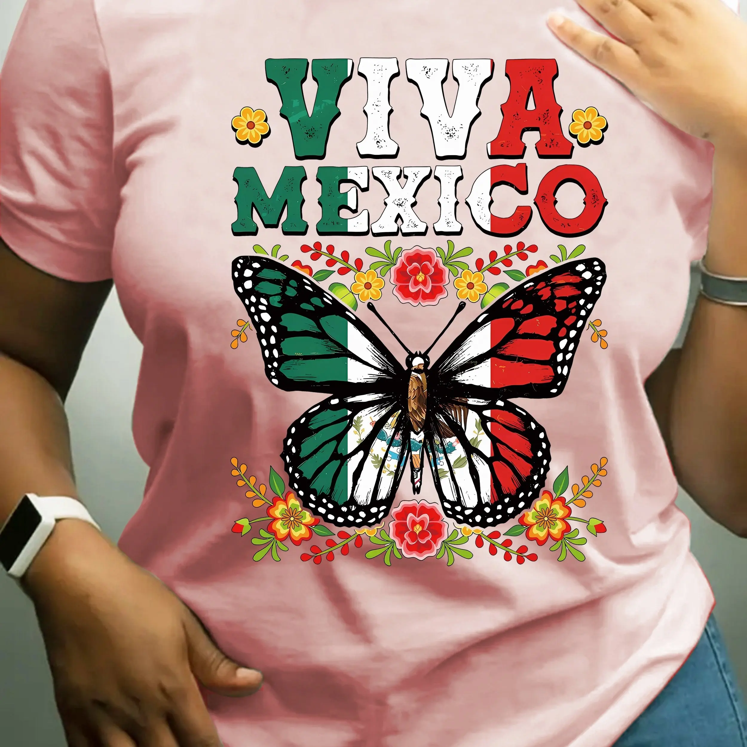 Vibrant Mexico Flag Butterfly Print Short Sleeve Crew Neck T-shirt - Casual Summer & Spring Top - Women\'s Fashion Clothing