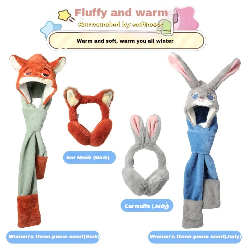 Disney Zootopia Cartoon Character Nick Judy Cartoon Three-Piece Creative Winter Warm And Cold Protection Hat Scarf Gloves Gift