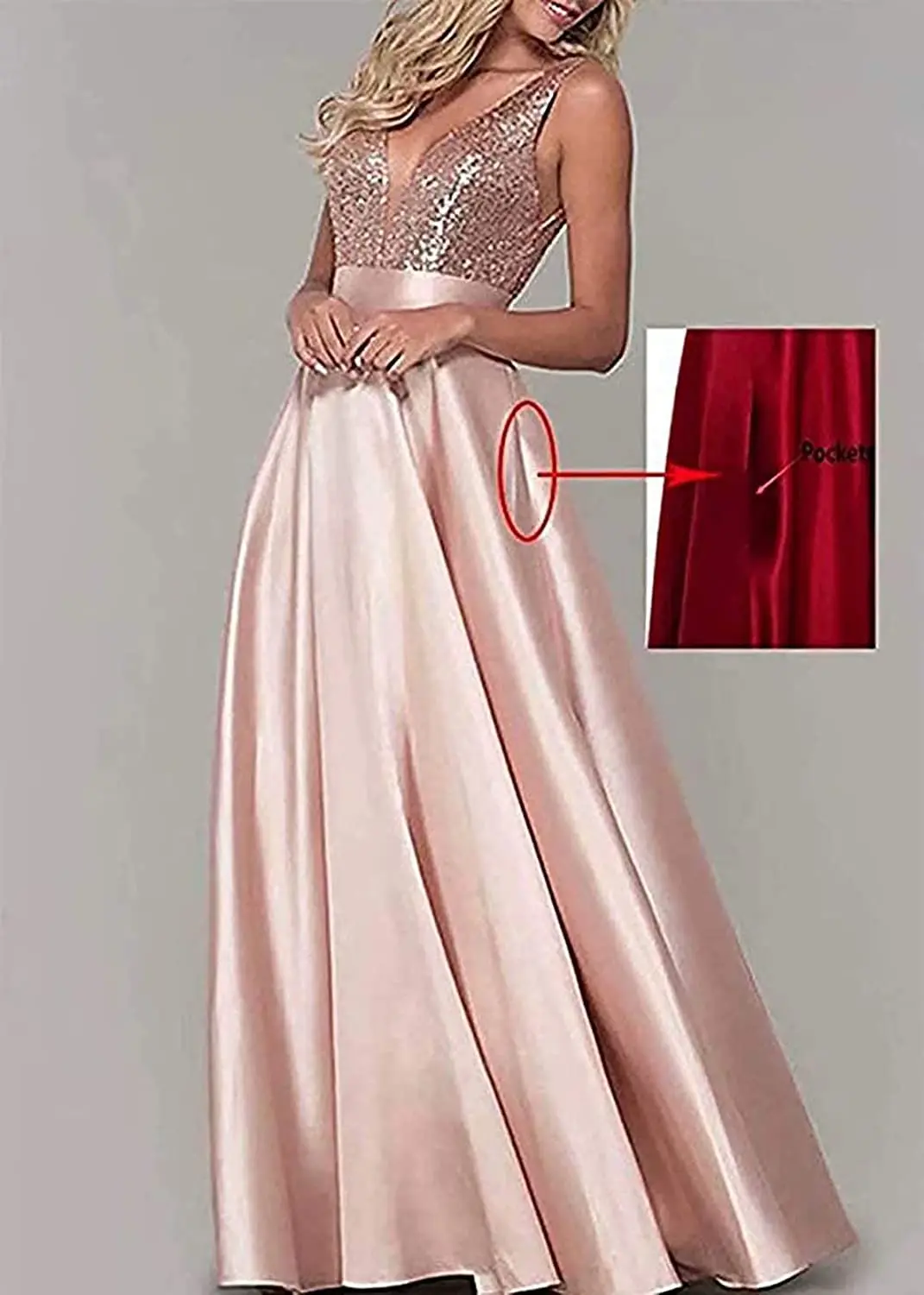 Sexy V Neck Elegant Women's Satin Sequin Prom Dress Formal Party Sequin Evening Dress with Pockets Floor Length Vestido De Noiva