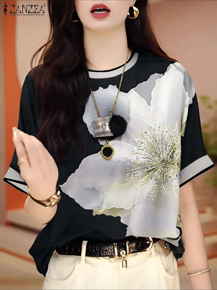 

ZANZEA Summer Fashion Shirt Women Stylish Printed Blouse Short Sleeve Tunic Tops Casual O Neck Loose Blusas Feamle Chemise 2025
