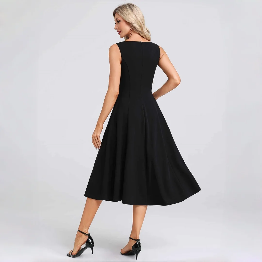 Black Square Neck Wide Strap Midi Dress Front Gold Buttons High Waist A Line Skirt With Pockets Women Formal Wedding Guest Dress
