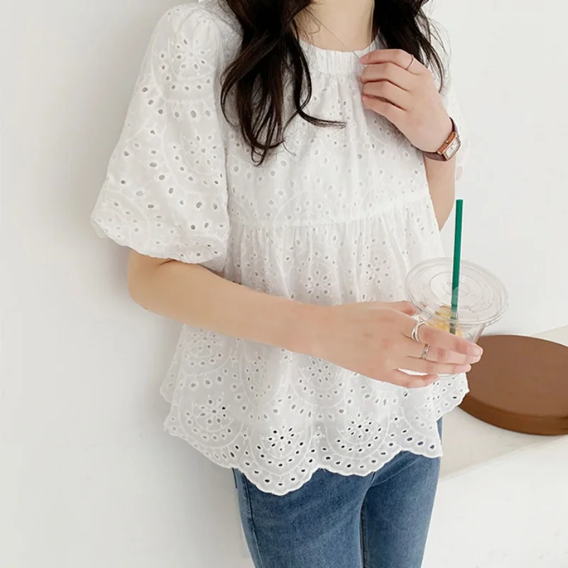 Summer Short Sleeve Women Blouses Casual White Shirt Office Lady Elegant Hollow Out Tops Puff Sleeve Clothing