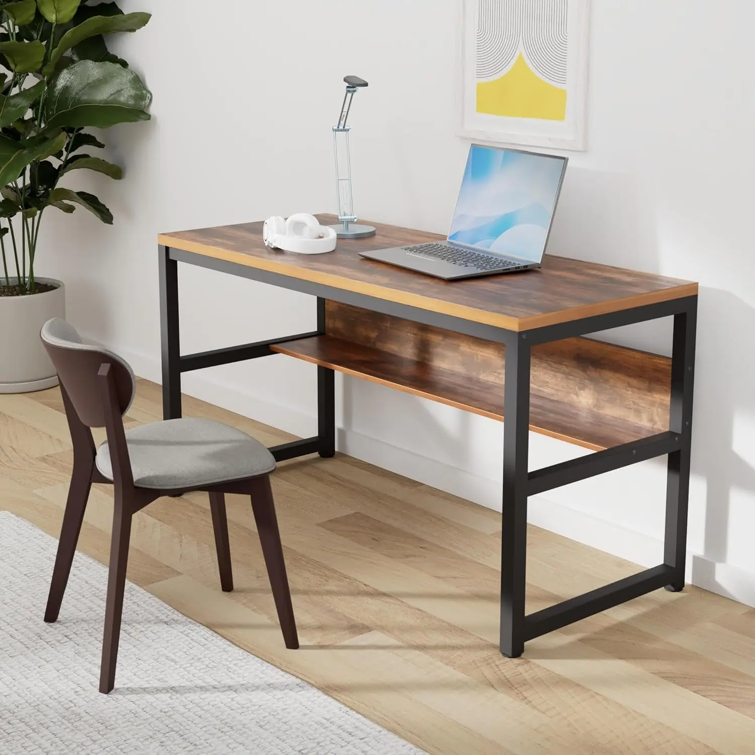 Computer Desk With Bookshelf/Metal Hole Cable Cover 1.18"" Thick Desk (55"", Rustic Brown)