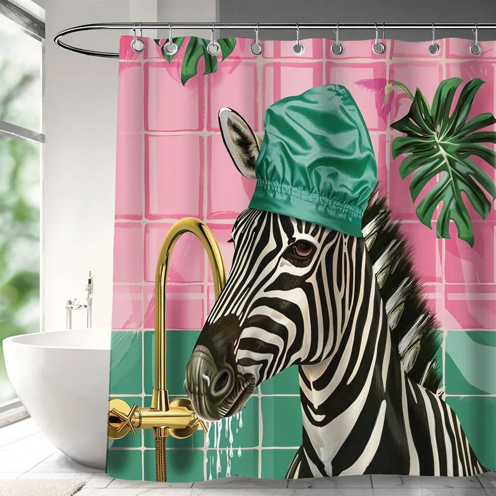1PC Nordic plant zebra take shower printed shower curtain, funny style, with hooks, bathroom curtain, bathtub curtain, home use