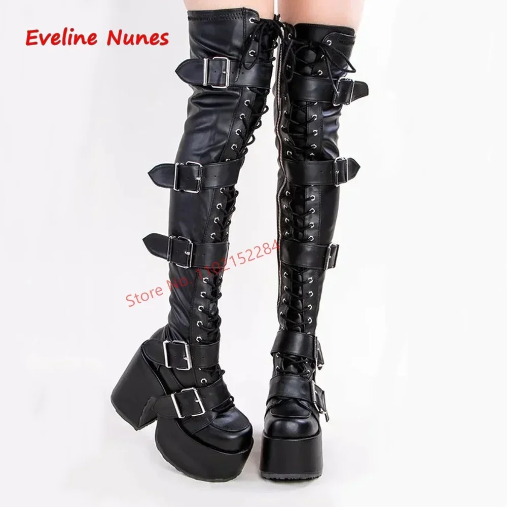 Pink Platform Over The Knee Boots Women\'s Luxury Brand Leather Round Toe Chunky Heel Fashion Plus Size Sexy Elastic Shoes