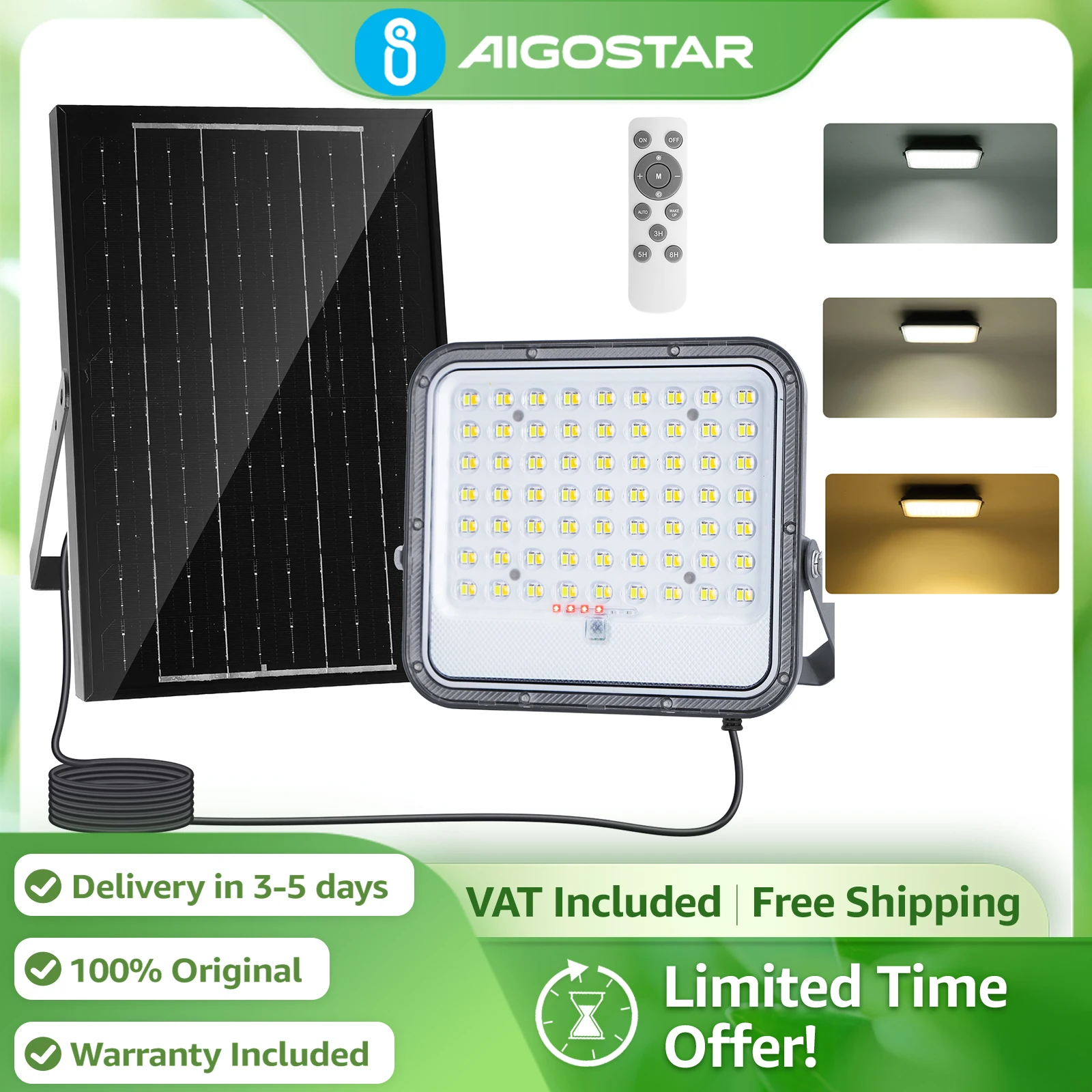 Aigostar Foco Solar Ajustable 8000mAh Gran Panel | 3 Colores + Función Crepuscular IP66 | para Jardín, Patio
