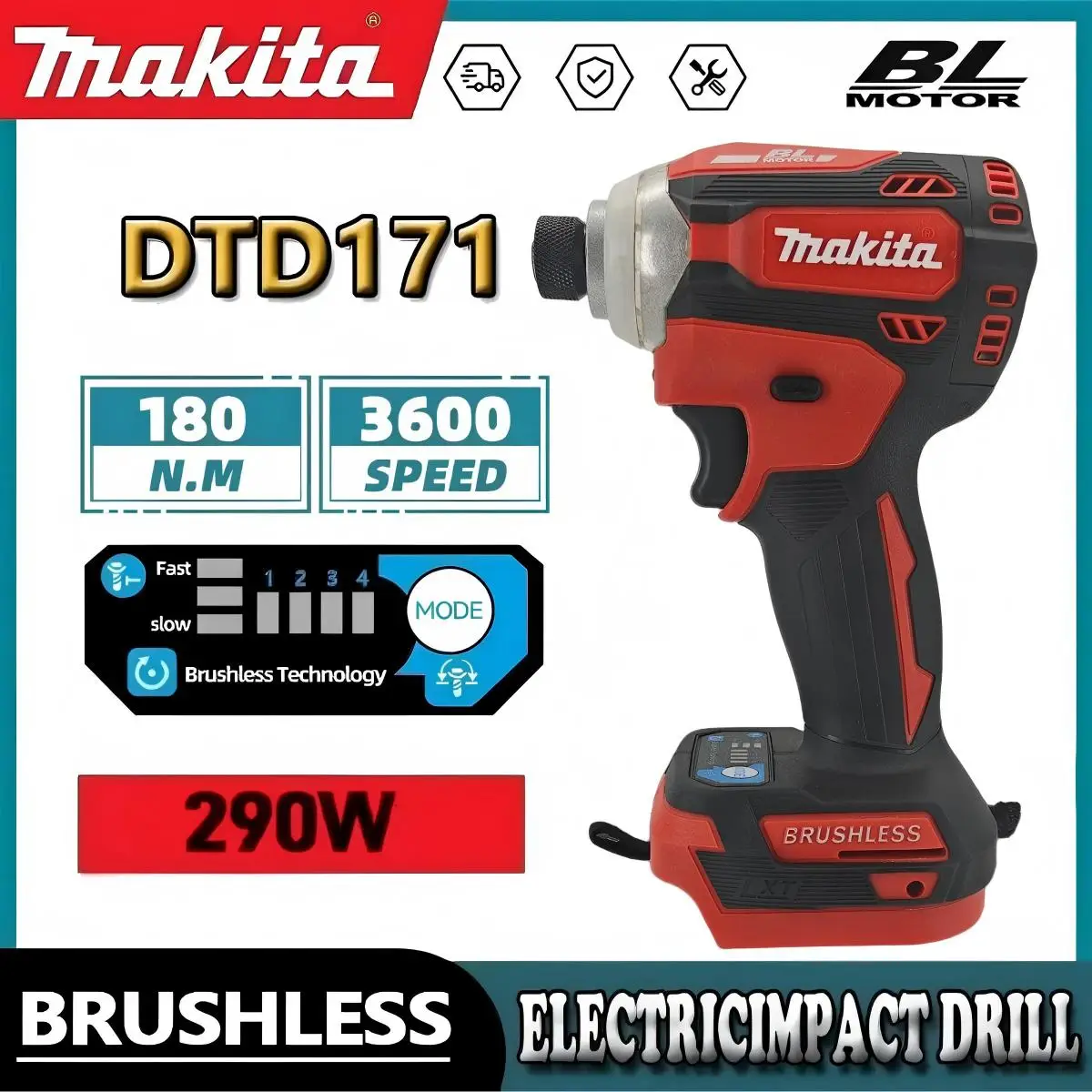 

Бесщеточный аккумуляторный ударный шуруповерт Makita DTD171 18В с LED-подсветкой, перезаряжаемая дрель-шуруповерт, без аккумулятора и зарядного устройства, электроинструмент