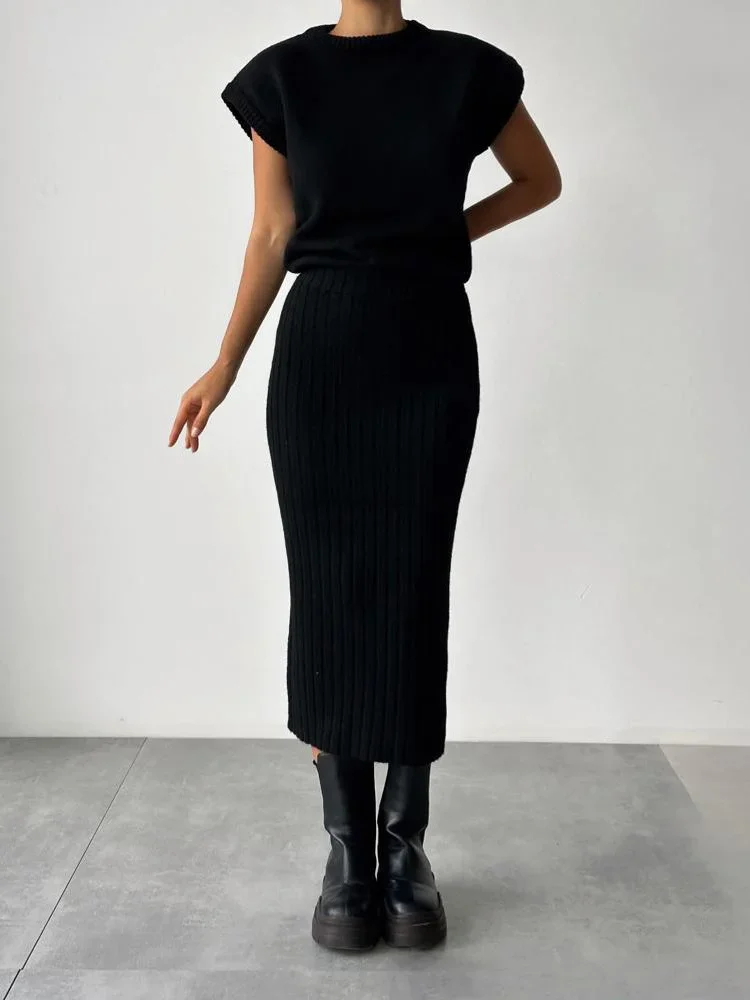 Tossy Knit Sweater 2 Piece-Set Women Loose Ribbed Sleeveless Pullover And High Waist Long Skirt Outfits Knitwear Women's Sets