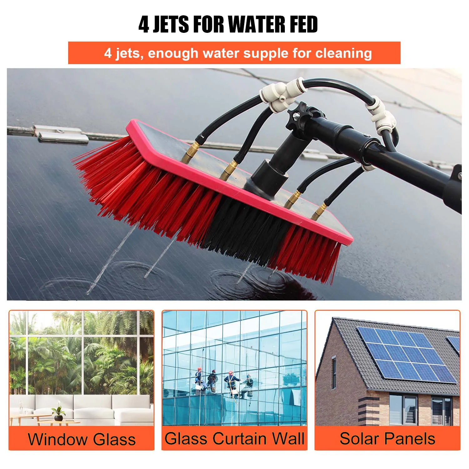 Water Fed Telescopic Pole Telesbrush for Window Solar Photovoltaic Panel Clean Rotatable Wash Aluminum Alloy Telescleaning Brush