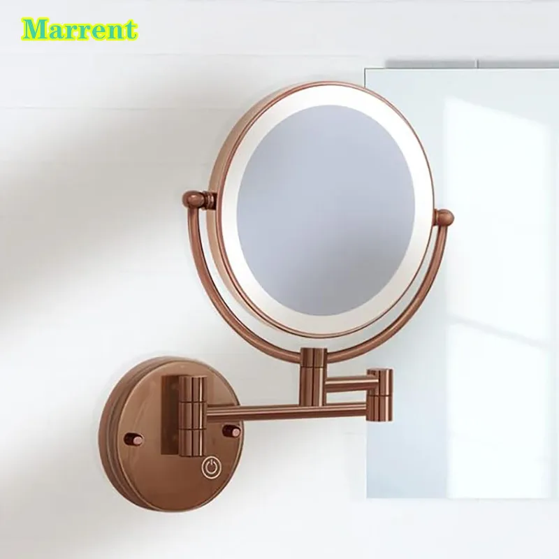 Rose Gold  8 Inches Touch  Bathroom Mirrors Dual Face Round  Bathroom Mirrors with 5X Magnifying Led Foldable bath Makeup Mirror