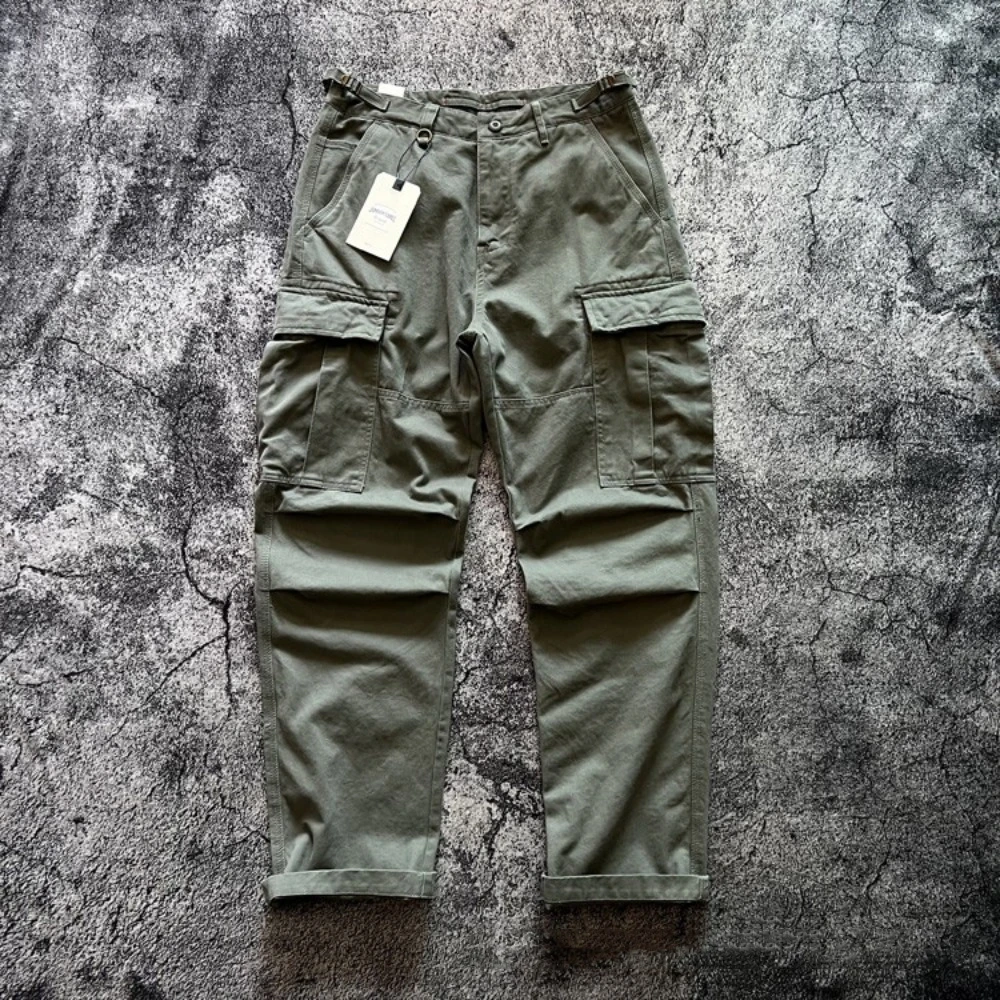 Retro Heavy-duty All-cotton Amis Kaki Tough Multi-pocket Loose Straight Work Pants Solid-color Casual Pants