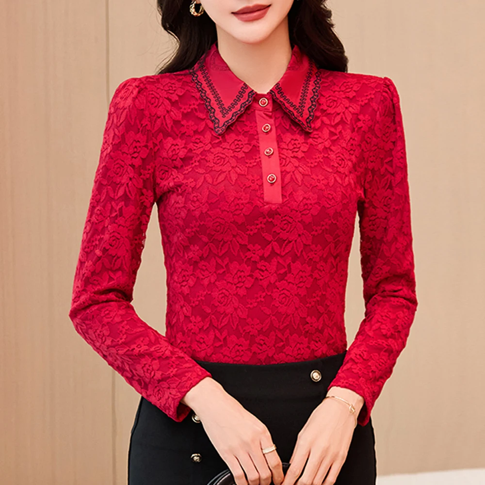 

Европейская винно-красная рубашка с длинными рукавами для женщин на осень и зиму, новая высококачественная мода, большие размеры, облегающий повседневный топ с лацканами