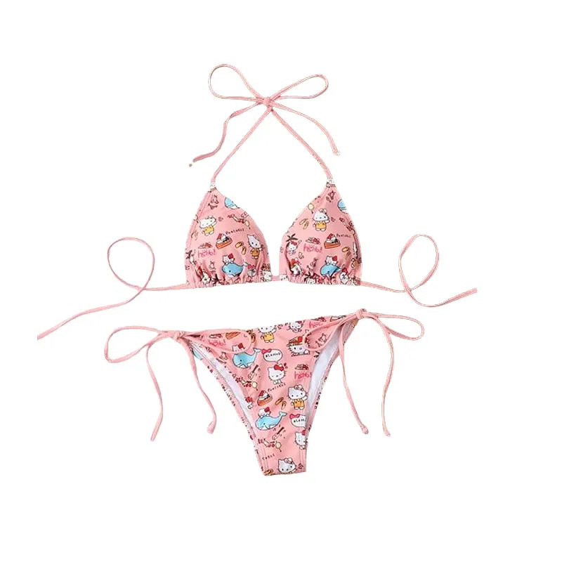 Nowy 2-częściowy zestaw bikini Sanrio Hello Kitty Kawaii Y2K Summer 2024 Nowy damski strój kąpielowy plażowy z paskami Seksowne stroje kąpielowe dla