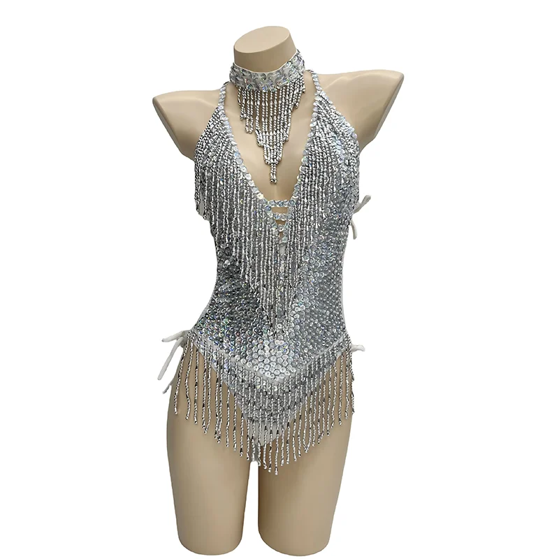 섹시한 태슬 레오타드 백리스 스팽글 파티 바디수트 여성 바디콘 롬퍼 비딩 스팽글 무대 공연 비치웨어