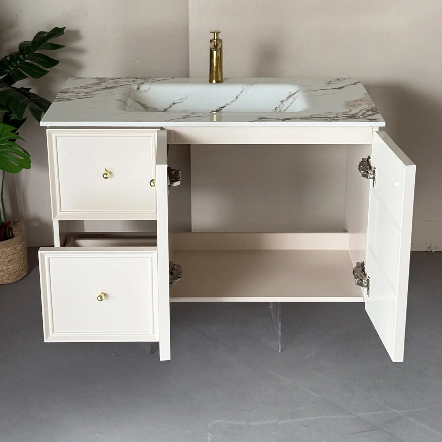 French cream wind bathroom cabinet ceramic integrated basin Corian washbasin combination rock slab hot bending sink