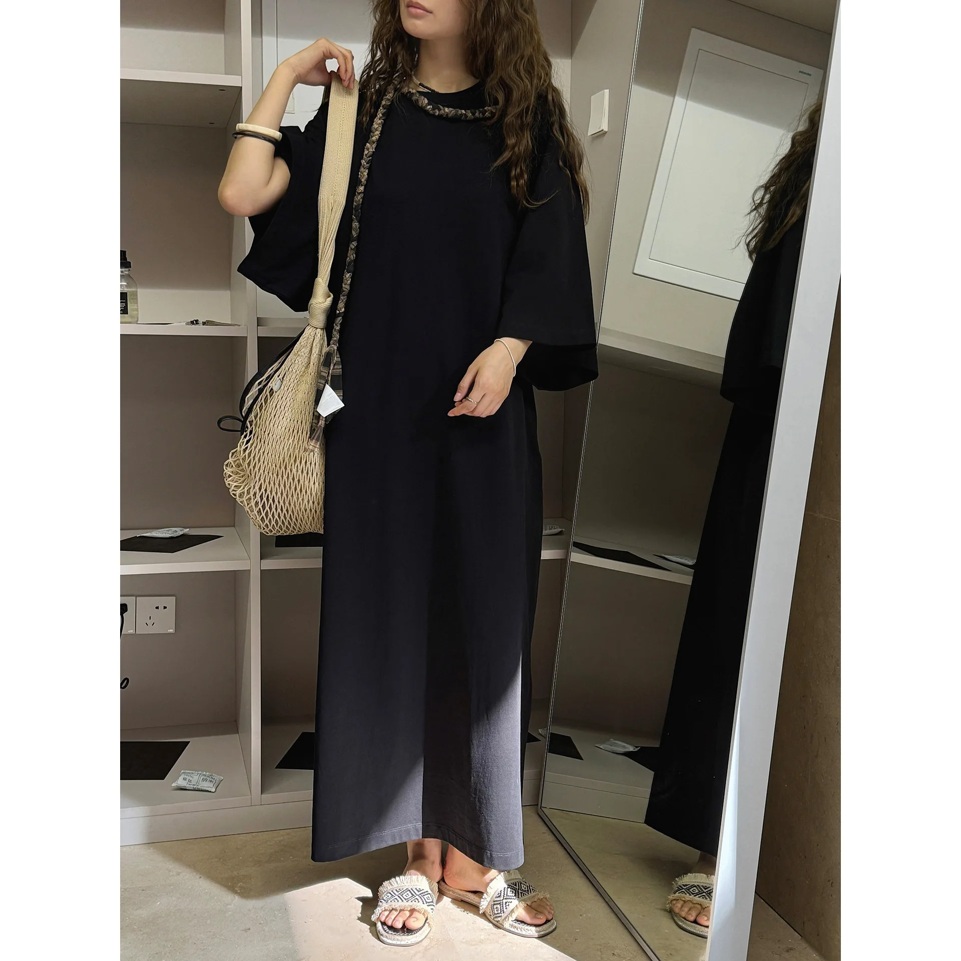 UMI MAO صيف جديد الكورية الحد الأدنى استرخاء H على شكل تي شيرت فستان بلون فضفاض والتخسيس فستان طويل غير رسمي للنساء