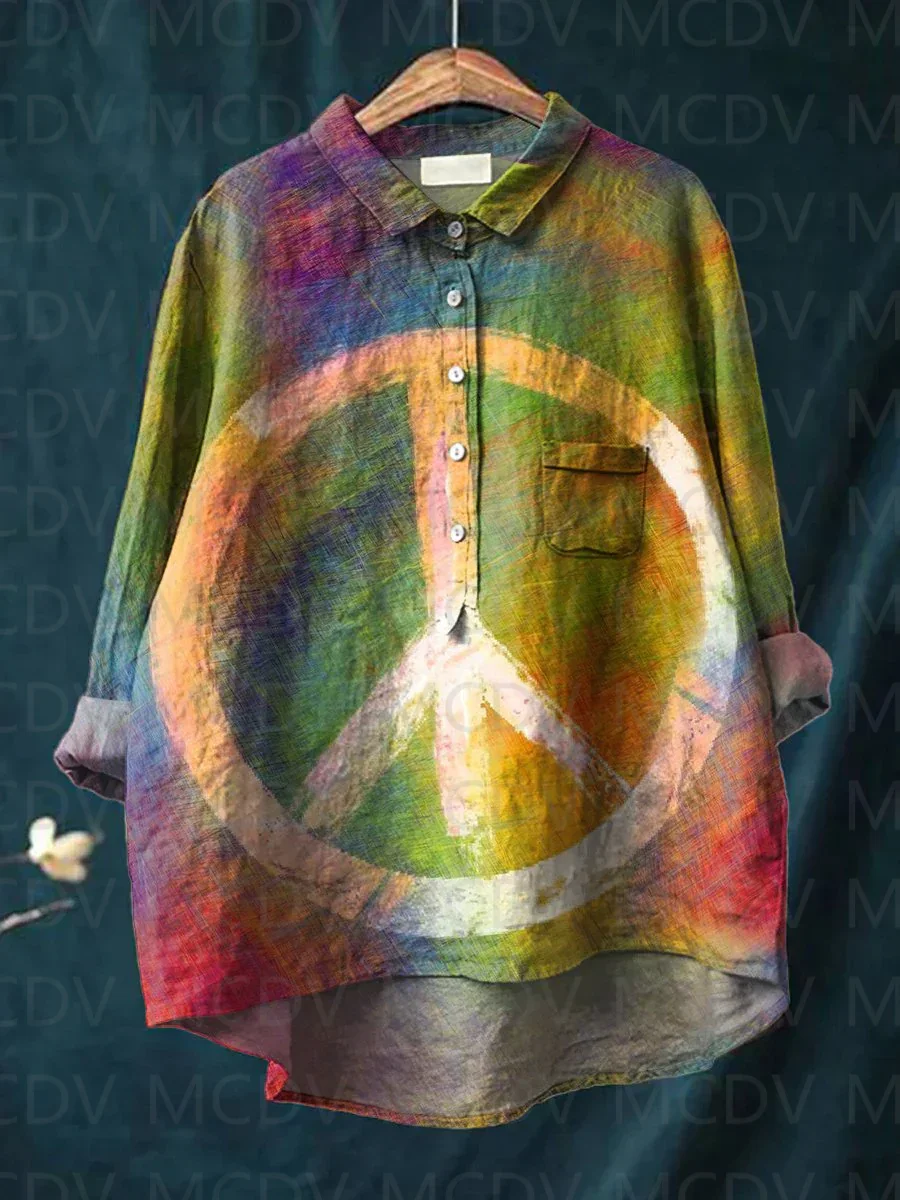 Camisa de linho retrô colorida anti-guerra paz impressão feminino, tops casuais