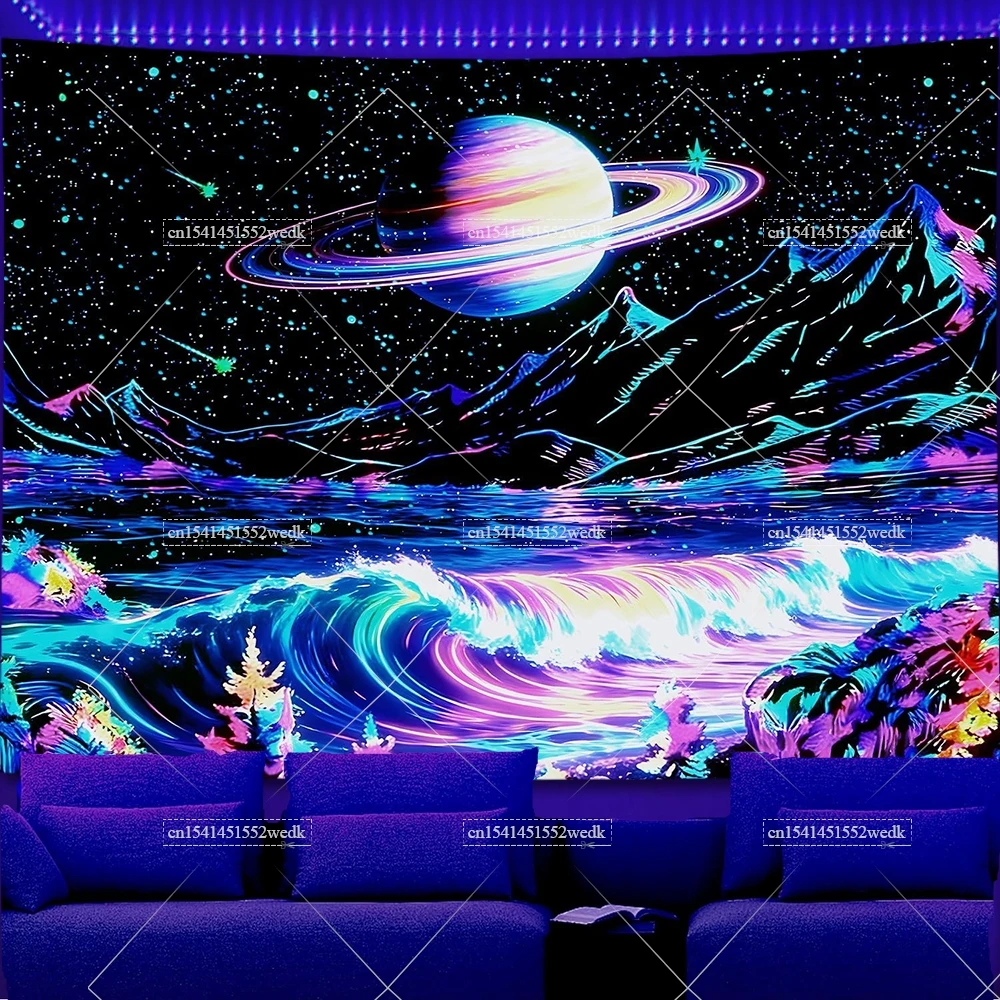 Blacklight Tapestry Mountains Wave Glowing UV Reactive Forest Moon Neon Tapestrys Aesthetic Trees Fluorescent Tapestries