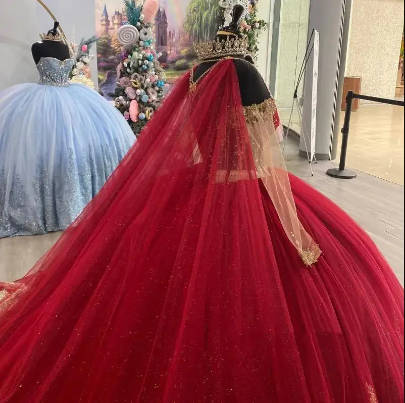 Sparkly Red Quinceanera Dresses Halter Beads Gold Appliques Lace With Cape Princess Sweet 16 Party Gown vestidos para xv anos 15