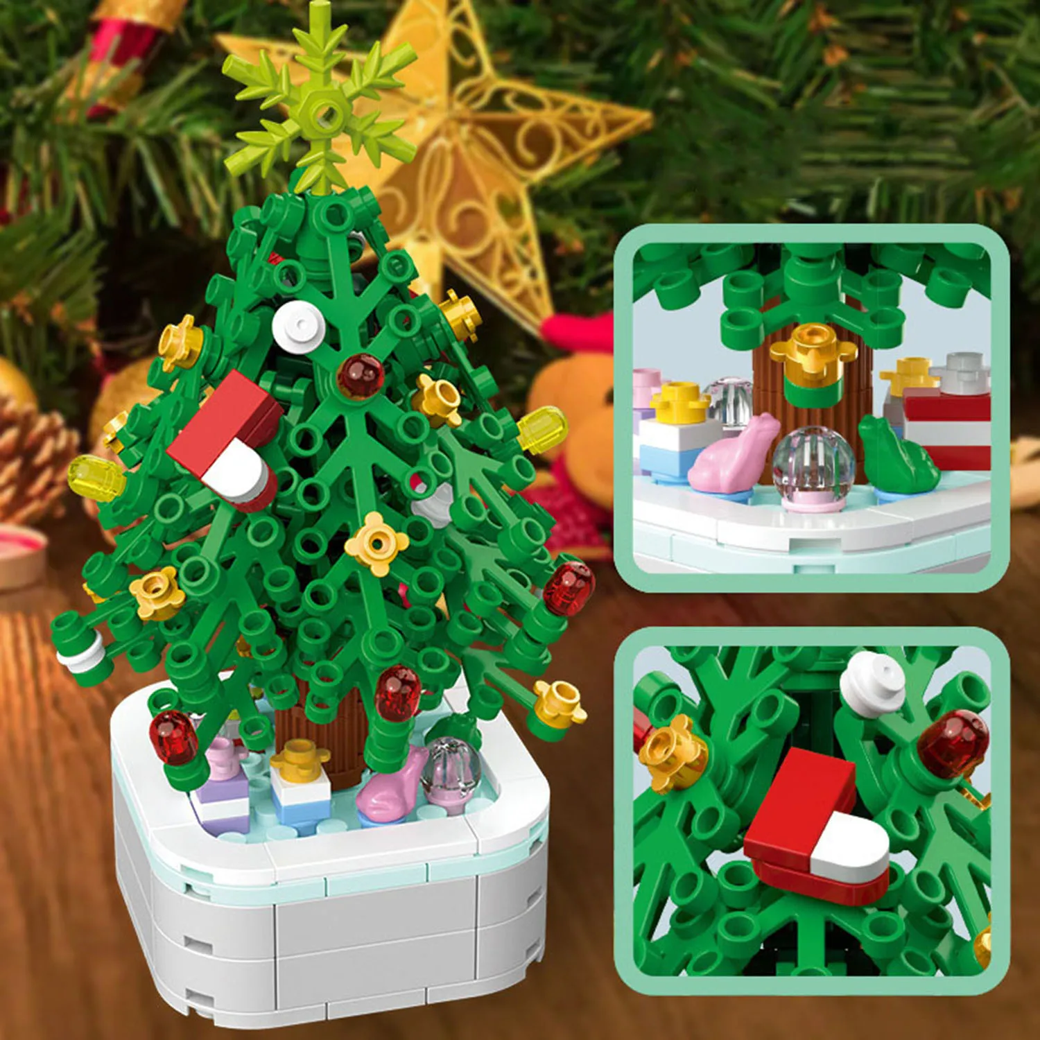 Christmas tree building block potted decorations, large and small green,  powder, Christmas holiday gifts