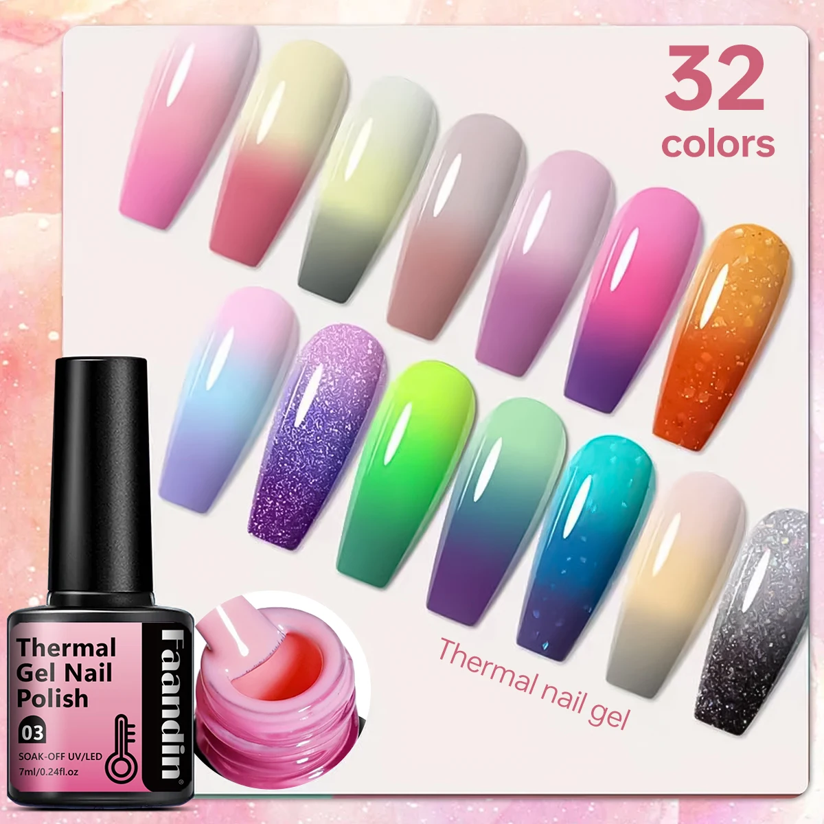 ยาทาเล็บเปลี่ยนสี Faandin 7 มล. 1 ขวด, เจลทาเล็บเปลี่ยนสีตามอุณหภูมิ, เปลี่ยนสีได้อย่างน่าทึ่ง, สีสันสดใส, เปลี่ยนสีได้ตามอุณหภูมิ, ยาทาเล็บที่สาวๆ ต้องมี, ทนทานต่อการใช้งาน, ติดทนนาน, แข็งแรง, ไม่ซีดจางง่าย, ใช้งานง่าย, ทำได้ที่บ้าน, ของใช้จำเป็นสำหรับงานพรอม, ร้านทำเล็บ, และงานปาร์ตี้, ยาทาเล็บพิเศษสำหรับร้านทำเล็บขายส่ง