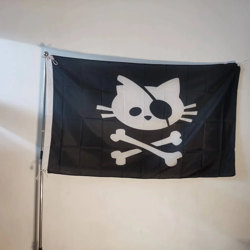 Pirate Cat Skull Flag And Crossbone Flag Banner Indoor Outdoor For Decor 90x150cm Black Polyester